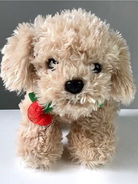 Walgreens Labradoodle Tan Puppy Dog Plush Stuffed Animal Rose in Mouth Hug Me